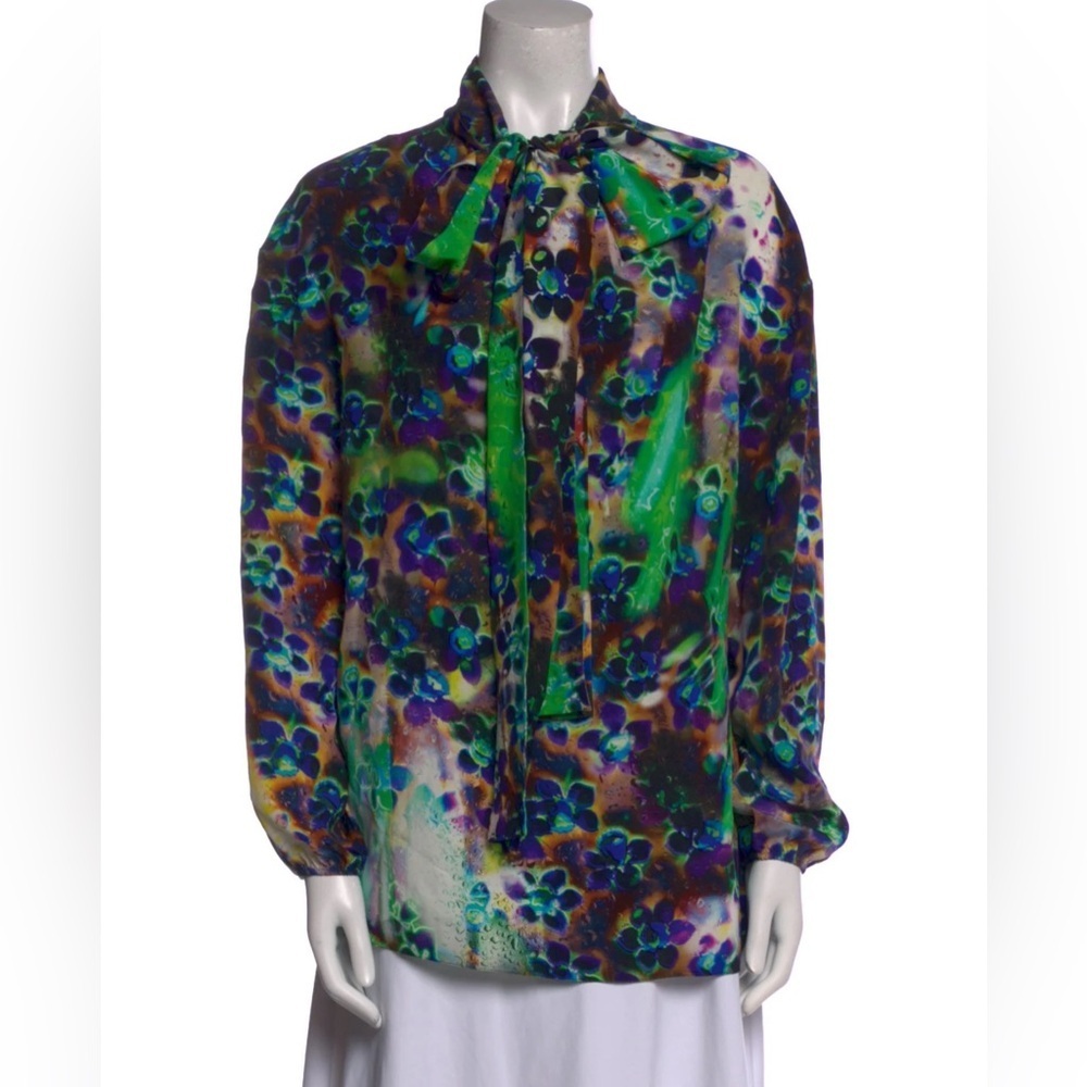 Prada Liquid Floral Daisy Blouse Size 40 Silk Neck Tie Bow Designer Luxury